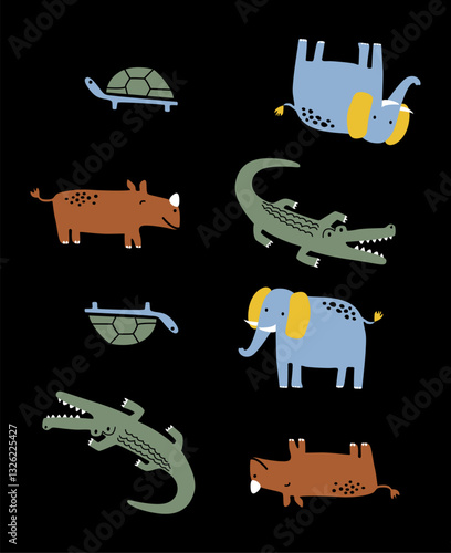 animal doodle hand drawn , turtle,elephant, rhino,alligator,