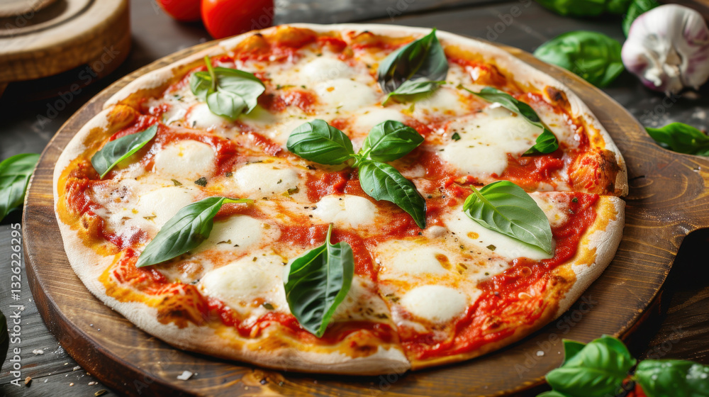 margherita pizza with basil leaf and mozzarella on a wooden table margherita pizza with basil leaf and mozzarella on a wooden table