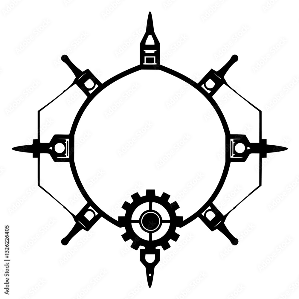 Obraz premium Black and White Geometric Tech Design with Gear, Circle Frame, and Spiked Elements on White Backdrop, Futuristic, Mechanical.