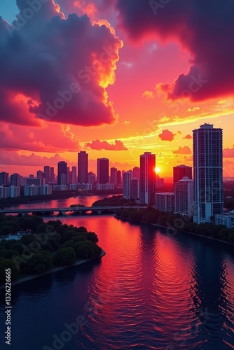 Wallpaper Mural Miami skyline sunset, vibrant colors, cityscape, sun, image, twilight Torontodigital.ca