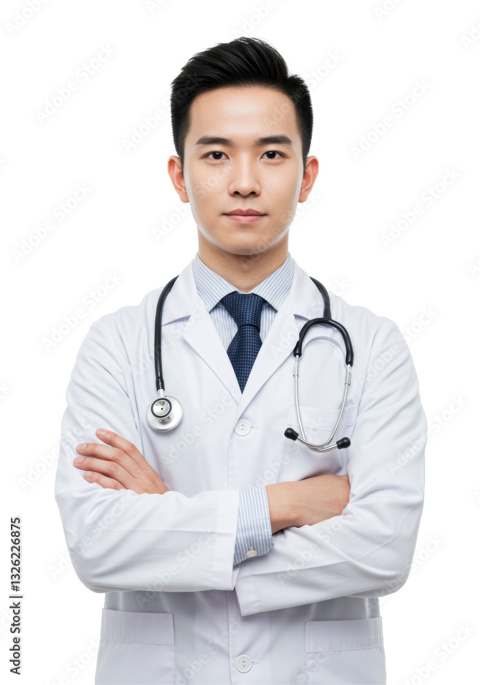 Confident doctor man in a white coat with a stethoscope, standing with arms crossed, isolated Confident doctor man in a white coat with a stethoscope, standing with arms crossed, isolated