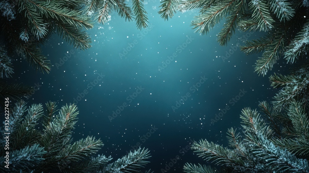 Obraz premium Elegant Dark Teal Christmas Background with Snowy Pine Branches and Sparkling Snowflakes