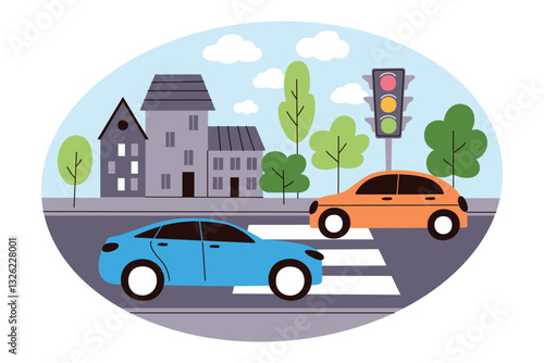 Flat cartoon vector illustration of pedestrian crossing with traffic lights, cars on road, and city background with buildings and trees. Summer day, transportation, urban life, road safety composition