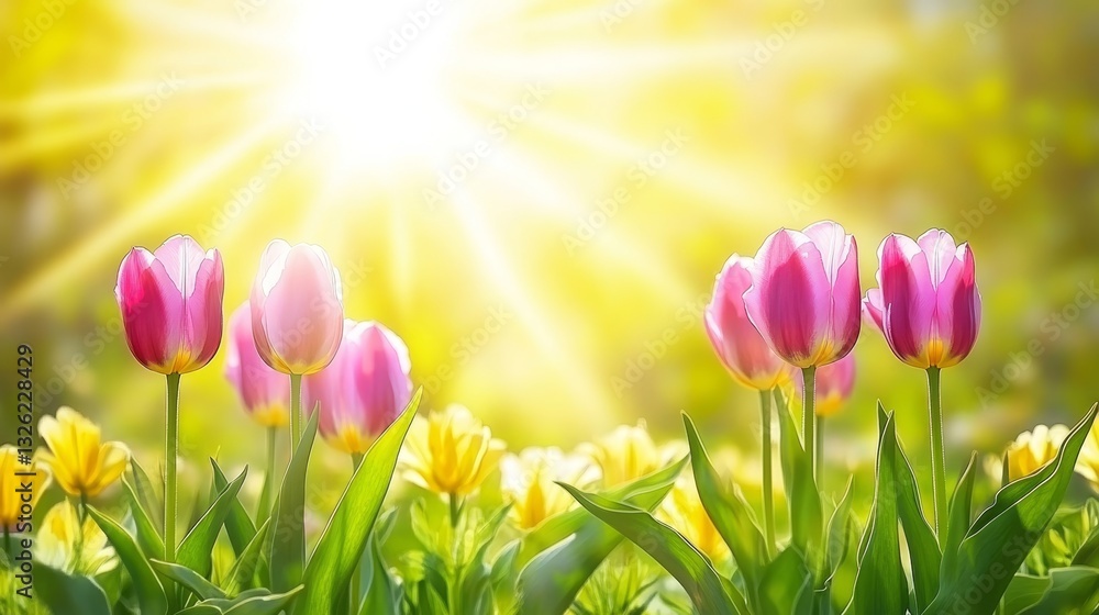 Pink Tulips and Yellow Flowers in Bloom on a Sunny Spring Day, Vibrant Springtime Scene Pink Tulips and Yellow Flowers in Bloom on a Sunny Spring Day, Vibrant Springtime Scene