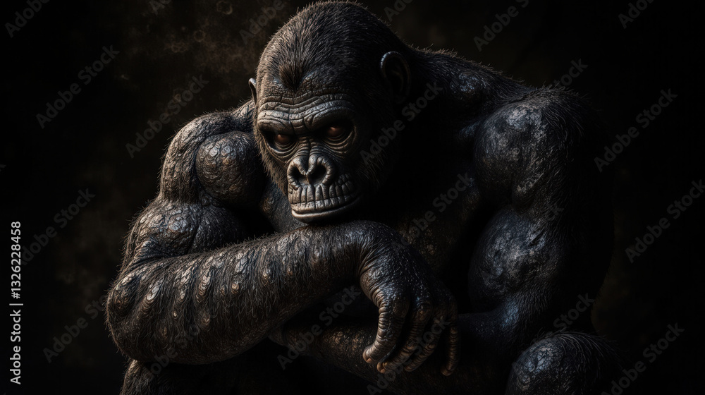 Close-up portrait of a powerful gorilla sitting against a dark background. Moody and contemplative atmosphere. Ideal for themes of strength, wildlife, and nature. Close-up portrait of a powerful gorilla sitting against a dark background. Moody and contemplative atmosphere. Ideal for themes of strength, wildlife, and nature.
