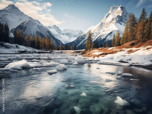 Alpine lake thawing with ice breaking slowly water flowing as season changes