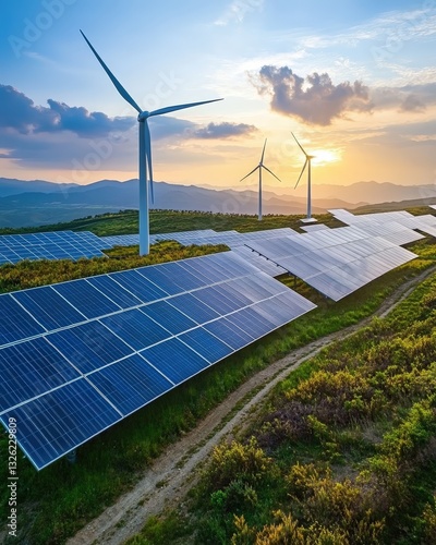 Expansive solar farm combined with wind turbines under bright sky as a model for sustainable energy