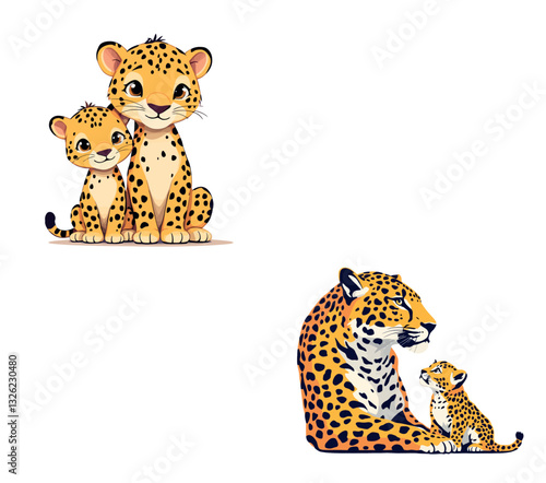 Vsai cheetah family posing together, mother and cub leopards bonding