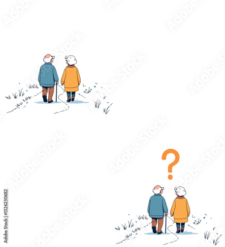 Vsai elderly couple walking away, leaving question mark, minimalist illustration