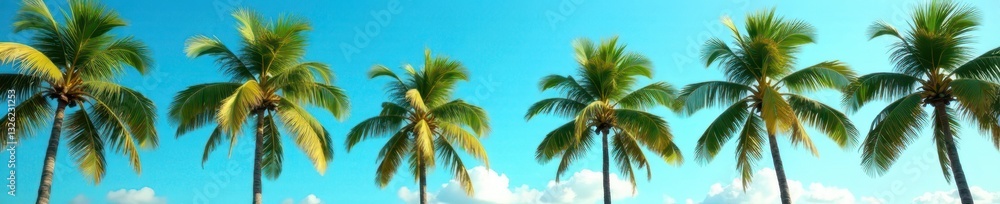 Fototapeta premium Majestic palms line a clear azure sky, leaves gently swaying, summer, graphic, palm trees