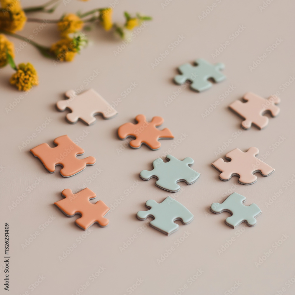 Obraz premium Puzzle pieces connected on a white background representing teamwork, strategy, and problem-solving with a 3D abstract design in blue