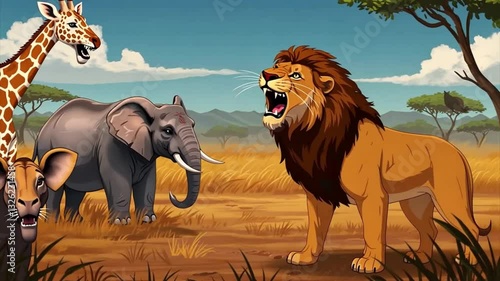 Lion roaring at an elephant and giraffe, a powerful wildlife encounter suitable for nature documentaries, educational materials, or travel brochures.