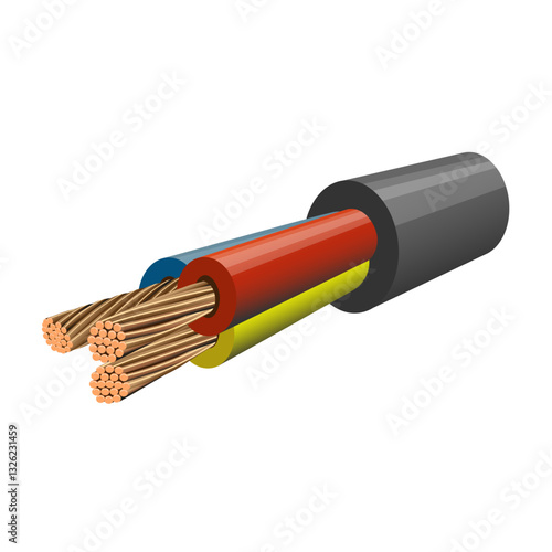 3 core PVC insulated copper flexible cable. Vector illustration isolated on white background