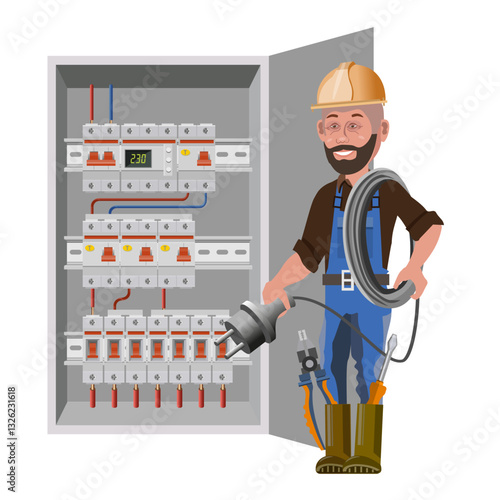 Electrician and electric switchboard. Distribution board. Electrical power switch panel. Electricity equipment. Vector illustration isolated on white background