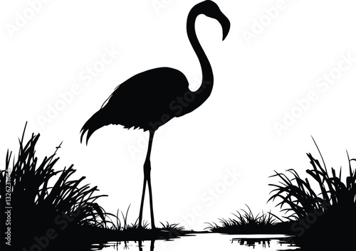 Silhouette of a flamingo in wetlands isolated on a white background.
