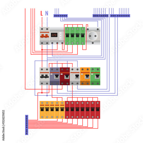 Electrical wiring installation of the distribution board. Wiring schematic diagram. Vector illustration isolated on white background
