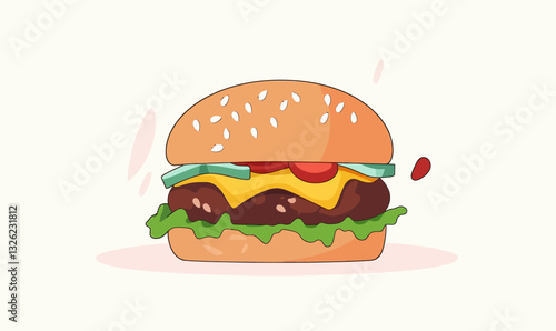 Delicious Cheeseburger Illustration with Melted Cheese, Lettuce, and Tomatoes for Food Articles