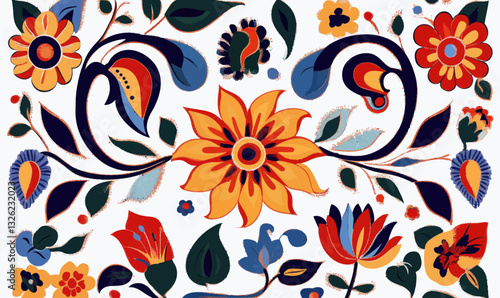 Colorful Asian Style Floral Paisley Vector Pattern for Decorative Textiles