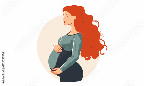 Pregnant Red-Haired Woman in Minimalist Vector Style, Maternity and Expecting Concept