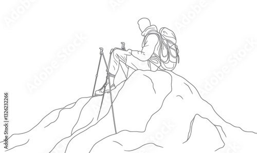 Minimalist Line Art of Hiker Resting on Mountain Peak with Backpack and Trekking Poles