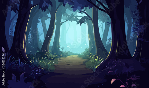 Mystical Enchanted Forest Pathway Illustration for Fairy Tale Adventures and Magic Atmosphere