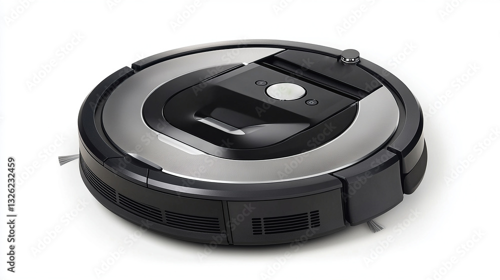 Autonomous cleaning robot on carpet in bright home AI generative. Autonomous cleaning robot on carpet in bright home AI generative.