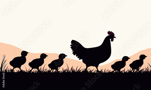 Minimalist Hen and Chicks Silhouette Walking in Grassland Vector Illustration