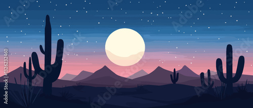 Moonlit Desert Scene with Cacti Silhouettes Under Starry Night Sky Vector Illustration