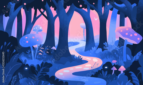 Enchanted Forest Vector: Mystical Trees, Glowing Mushrooms & Creatures in Minimalist Style