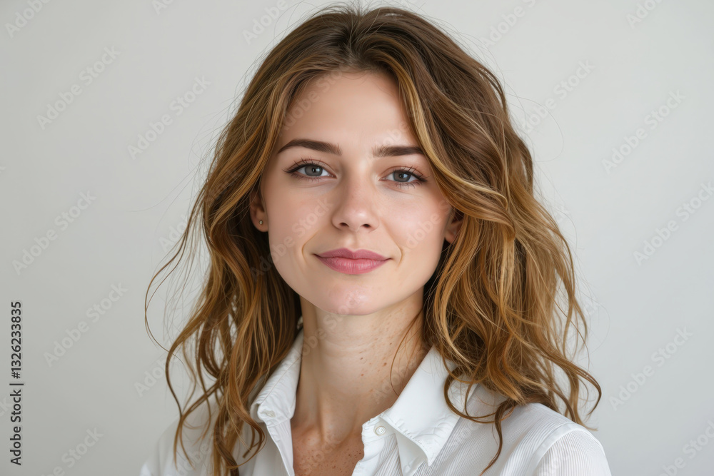 Portrait of a young, smiling woman wearing a white shirt against a neutral background. Ideal for websites, social media, and marketing. Portrait of a young, smiling woman wearing a white shirt against a neutral background. Ideal for websites, social media, and marketing.