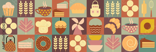 Bread and pastries background. Abstract bakery menu background. Geometric pattern bread, croissant, donut, cupcakes. Pastries and dessert in trendy geometric style - seamless pattern with icons relate
