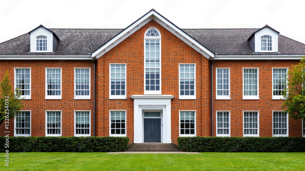 A grand, symmetrical brick house with a well-maintained lawn. Perfect for real estate, architecture, and home design concepts. A grand, symmetrical brick house with a well-maintained lawn. Perfect for real estate, architecture, and home design concepts.