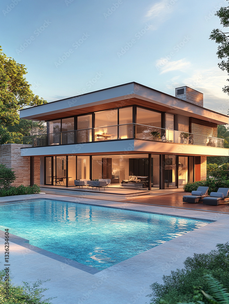 Fototapeta premium Modern villa with a swimming pool in serene setting