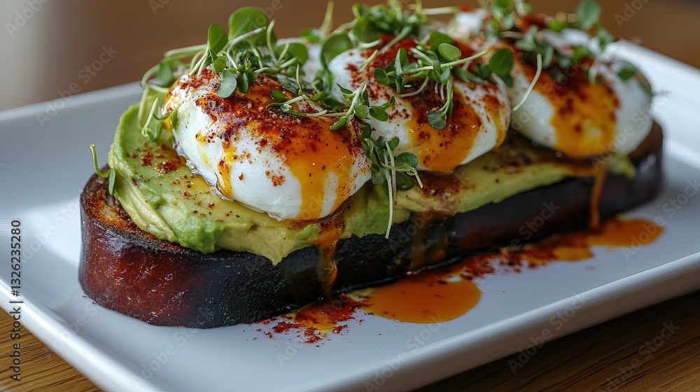 Organic Avocado Toast with Poached Egg, Microgreens, and Chili Flakes, Served on a White Plate with Soft Natural Light.