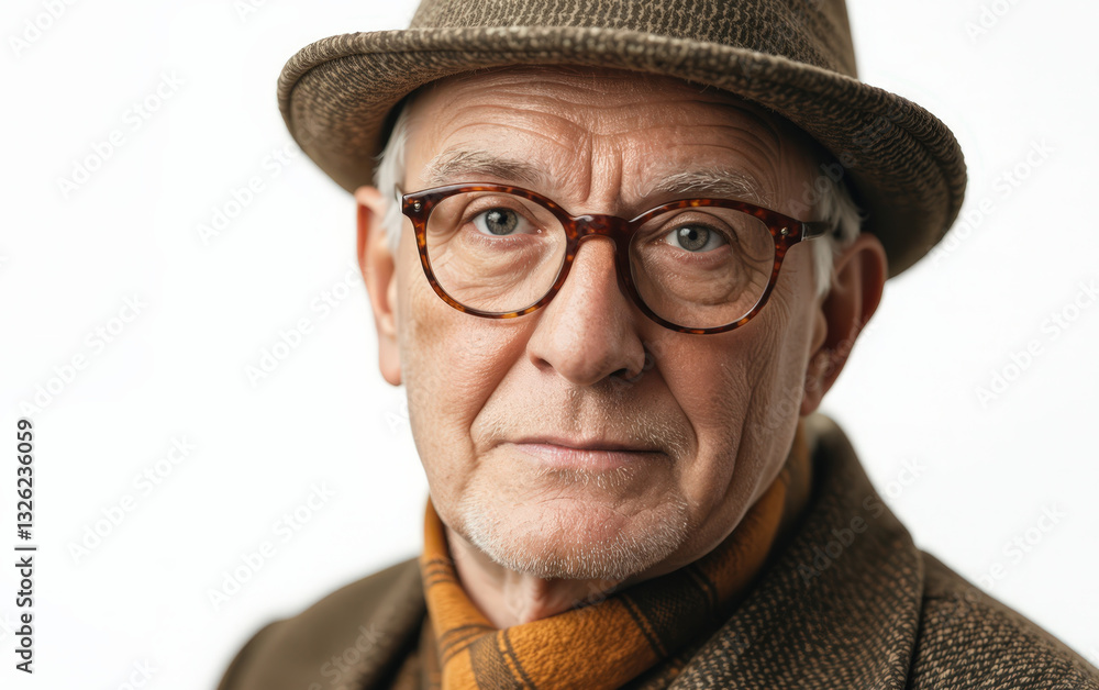 Close-up portrait of a senior man wearing glasses and a hat against a white background. Close-up portrait of a senior man wearing glasses and a hat against a white background.
