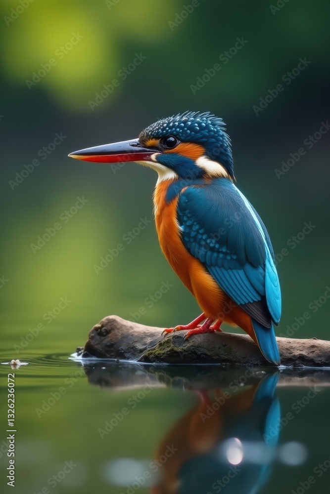 Fototapeta premium Majestic kingfisher, watchful stillness, riverside scene, bank, blue