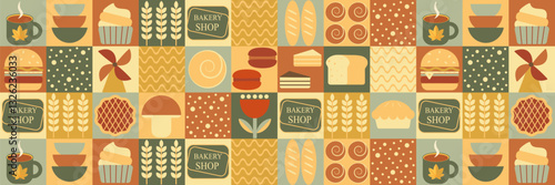 Bread and pastries abstract background. Geometric pattern bakery menu bread, croissant, donut, cupcakes. Pastries and dessert in trendy style, seamless pattern with icons related to bakery, cafe.
