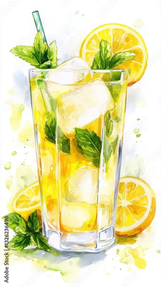 Refreshing summer lemonade in a tall glass with mint and lemon slices. Generative AI Refreshing summer lemonade in a tall glass with mint and lemon slices. Generative AI