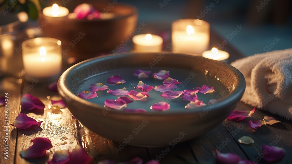 Obraz premium Tranquil Spa Setting Water Bowl with Rose Petals and Candles