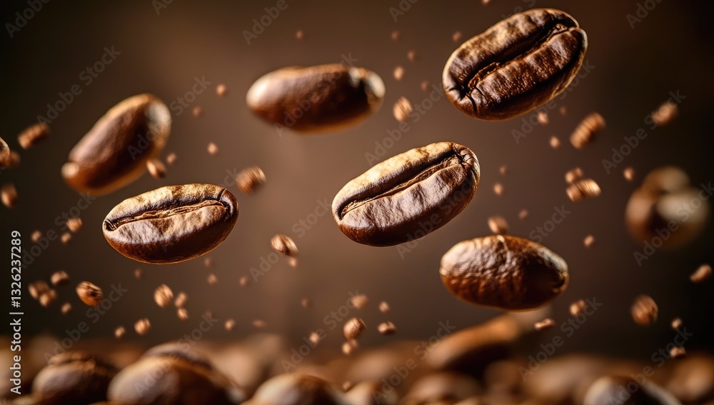 Coffee beans levitating, brown background, steam, delicious Coffee beans levitating, brown background, steam, delicious