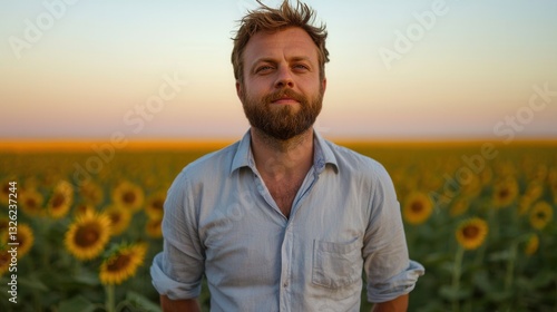 Man with beard standing in a sunflower field at sunset