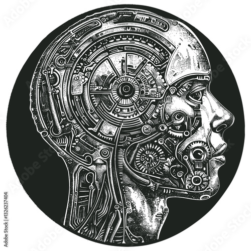 Vector illustration of a robotic human head profile in a circular frame. The detailed mechanical design reveals the inner workings of an android brain with gears, circuits, and technological component
