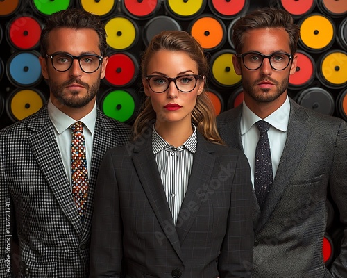 Three people in suits standing formally in front of a wall photo