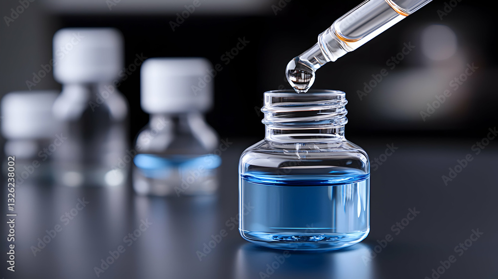 Closeup of Blue Liquid Dropping into a Test Tube in a Laboratory Setting Closeup of Blue Liquid Dropping into a Test Tube in a Laboratory Setting