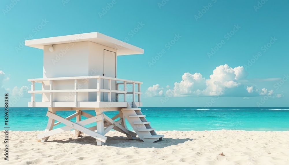 Modern minimalist lifeguard station, sleek design, ocean backdrop, blue, nature, seashore Modern minimalist lifeguard station, sleek design, ocean backdrop, blue, nature, seashore