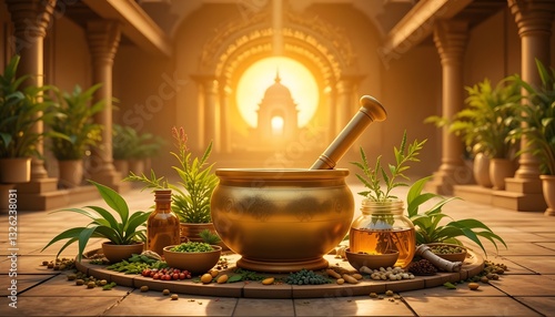Ancient Ayurvedic Herbal Medicine Preparation in Golden Mortar and Pestle