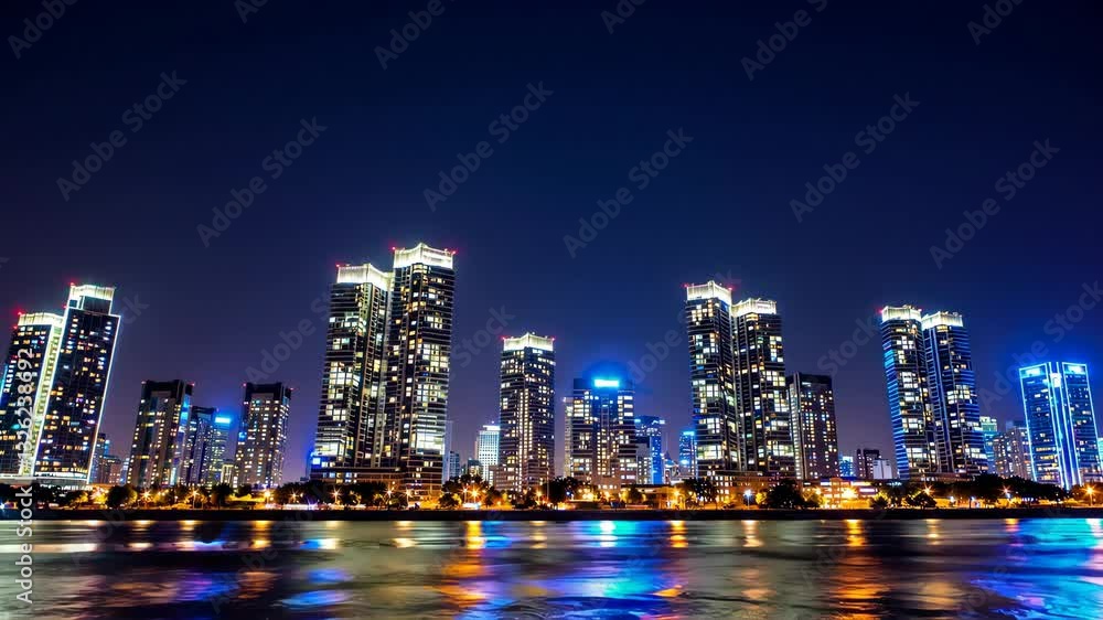 Night skyline view of modern city with illuminated buildings by the riverside Night skyline view of modern city with illuminated buildings by the riverside
