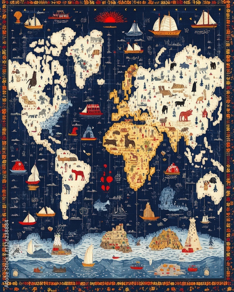 Naklejka premium World map textile with sailing boats and animal figures on navy blue background