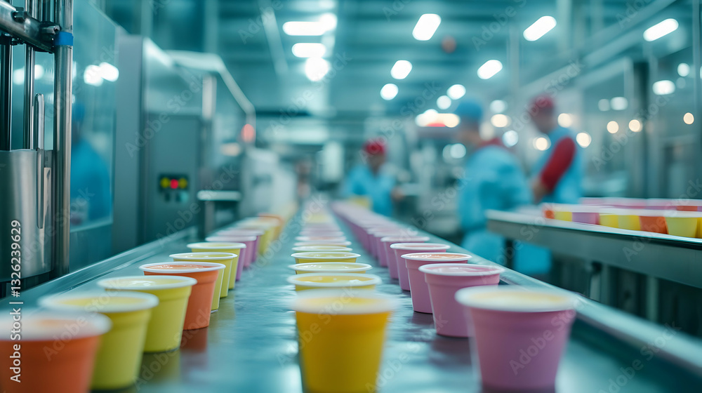 Fototapeta premium Ice cream production line in factory with workers in protective clothing
