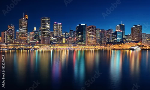 Wallpaper Mural Cityscape reflects, waterfront glow, skyscrapers pierce dark blue dusk sky. Urban serenity Torontodigital.ca